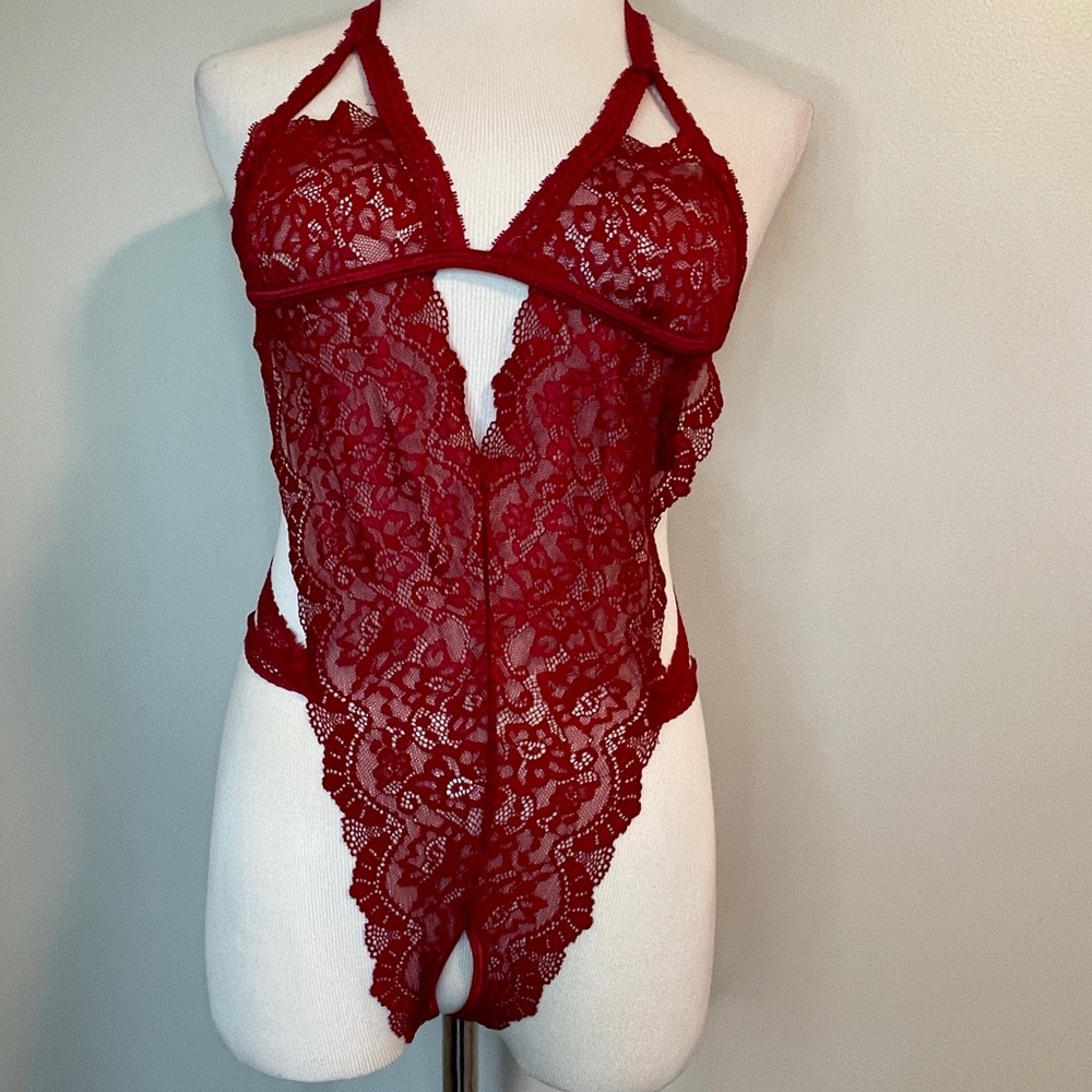 Dreamgirl Red Strappy Crotchless Lace Teddy Chemise